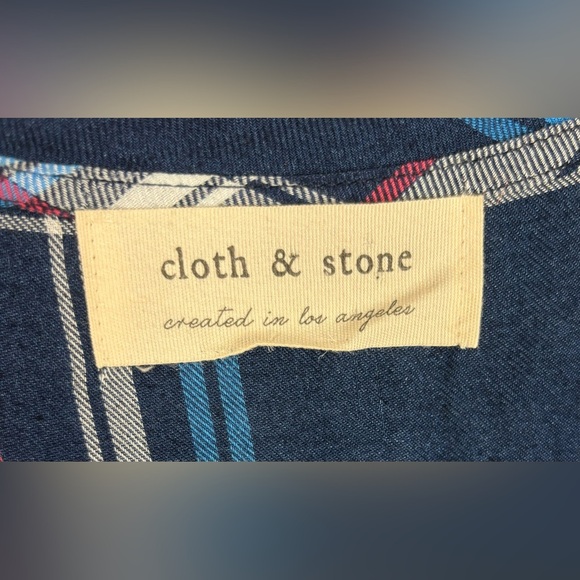 Cloth & Stone Plaid Shirt Dress V Neck Short Sleeve Hi Lo Shift Sz M 0325 - Picture 3 of 7